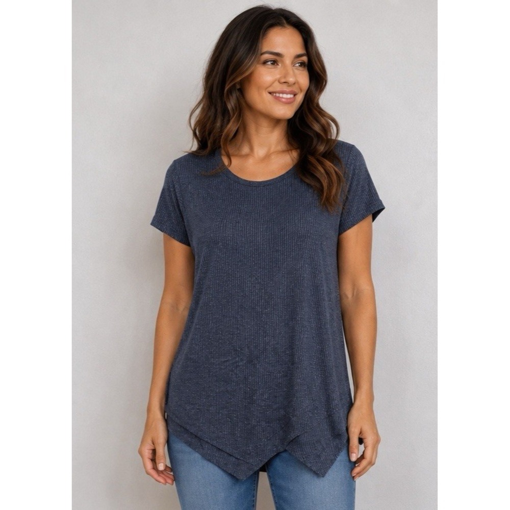 Greige Rib Knit Sharkbite Hem Tunic Top Gray Women's Small Stretch Tee -3495